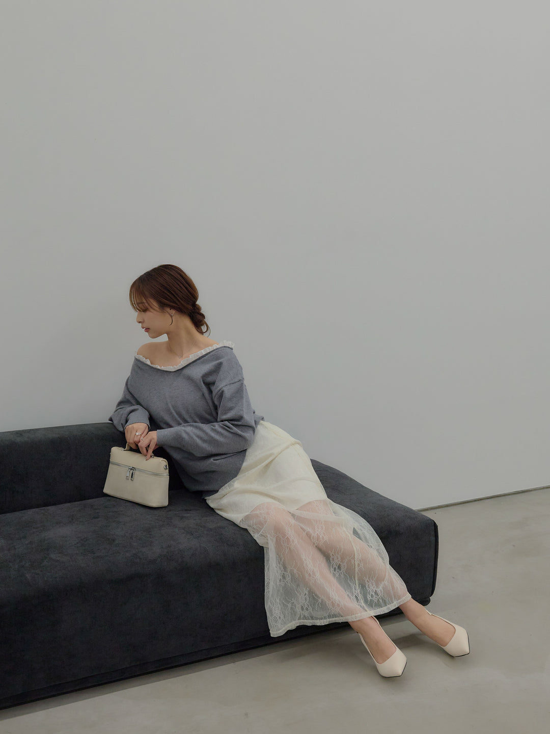 異素材コンビオフショルプルオーバー