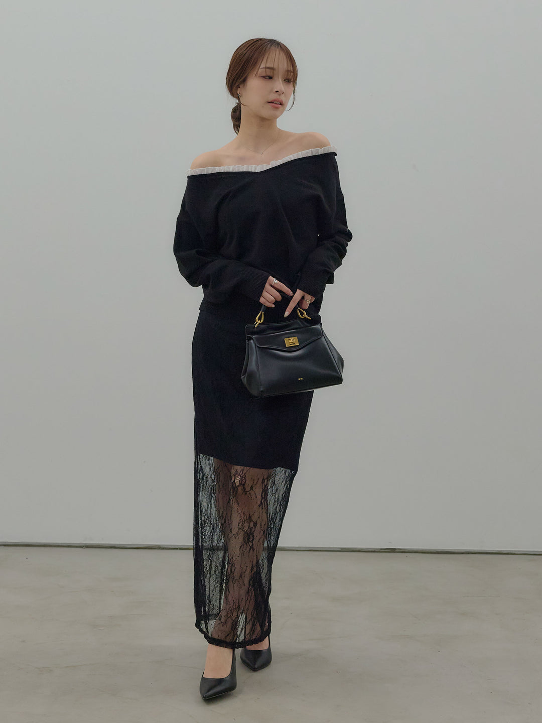 異素材コンビオフショルプルオーバー