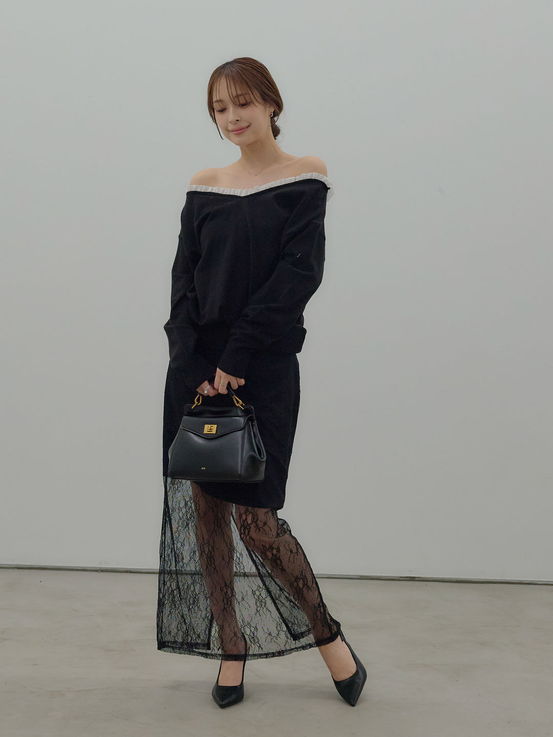 異素材コンビオフショルプルオーバー