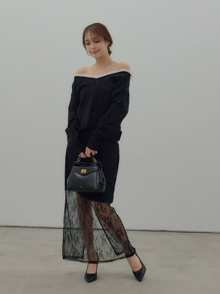 異素材コンビオフショルプルオーバー