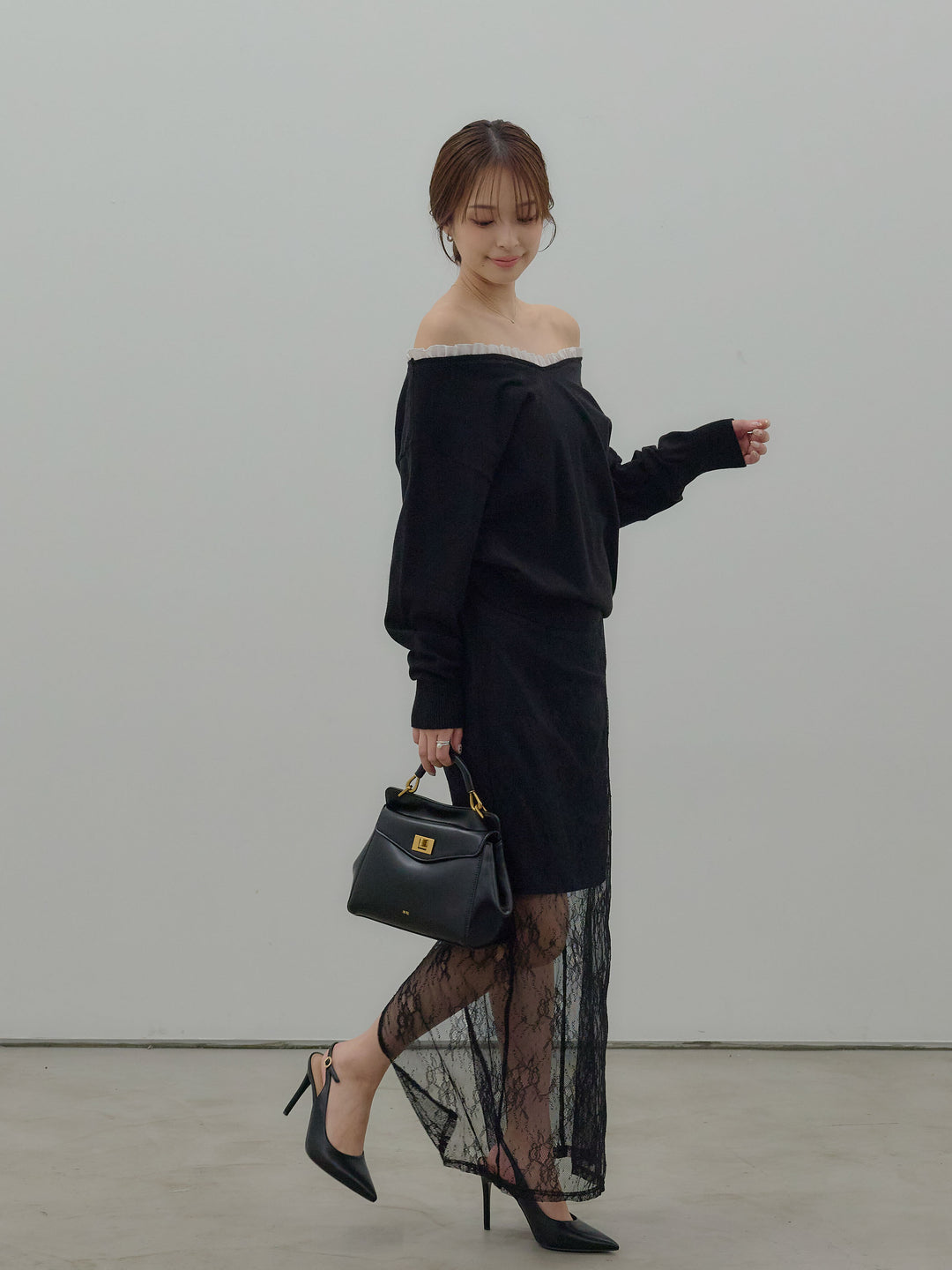 異素材コンビオフショルプルオーバー