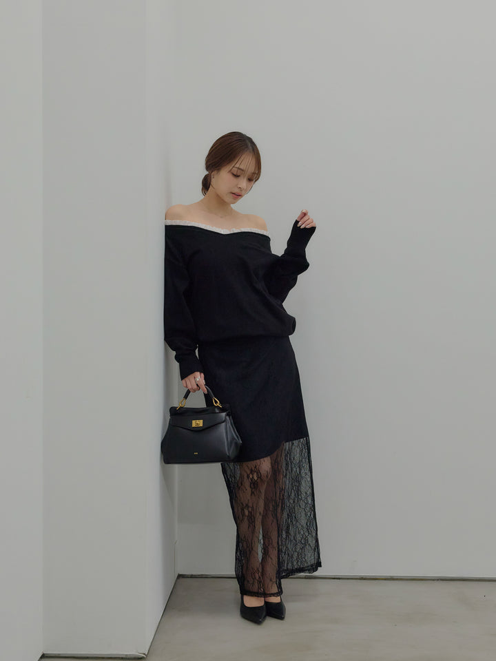 異素材コンビオフショルプルオーバー