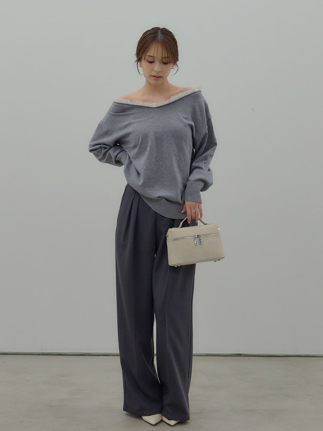 異素材コンビオフショルプルオーバー