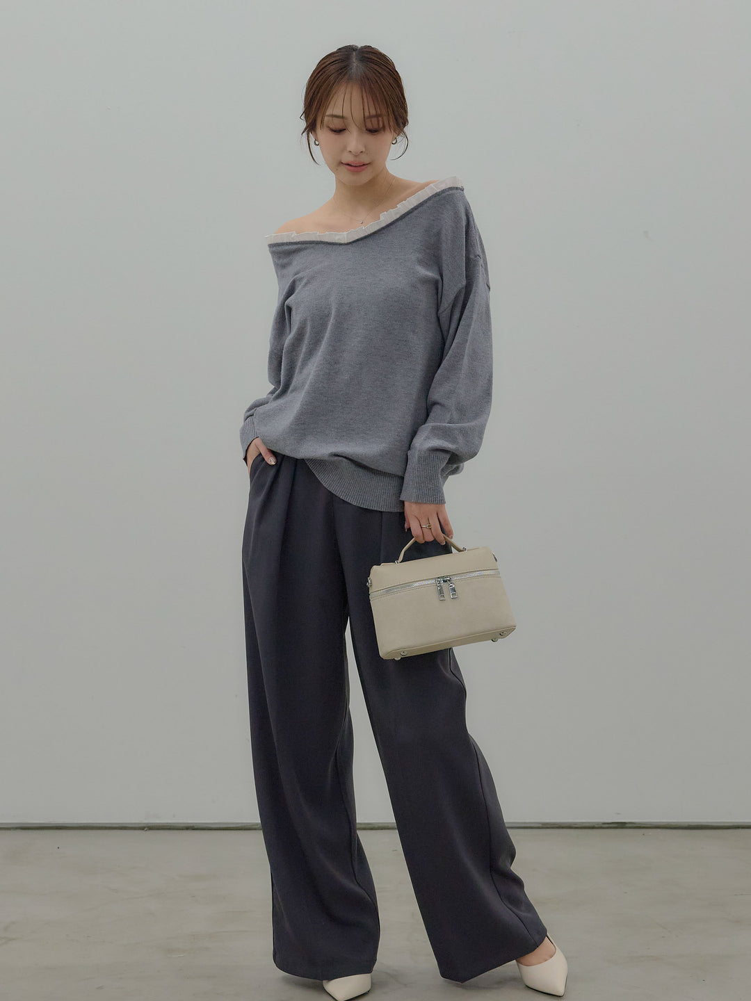 異素材コンビオフショルプルオーバー