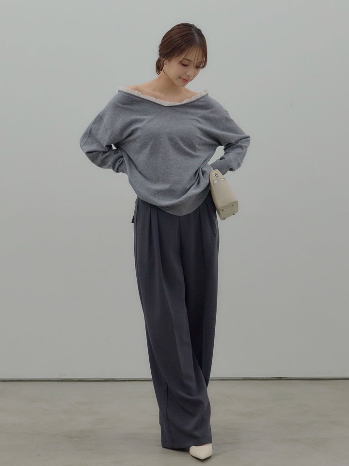 異素材コンビオフショルプルオーバー