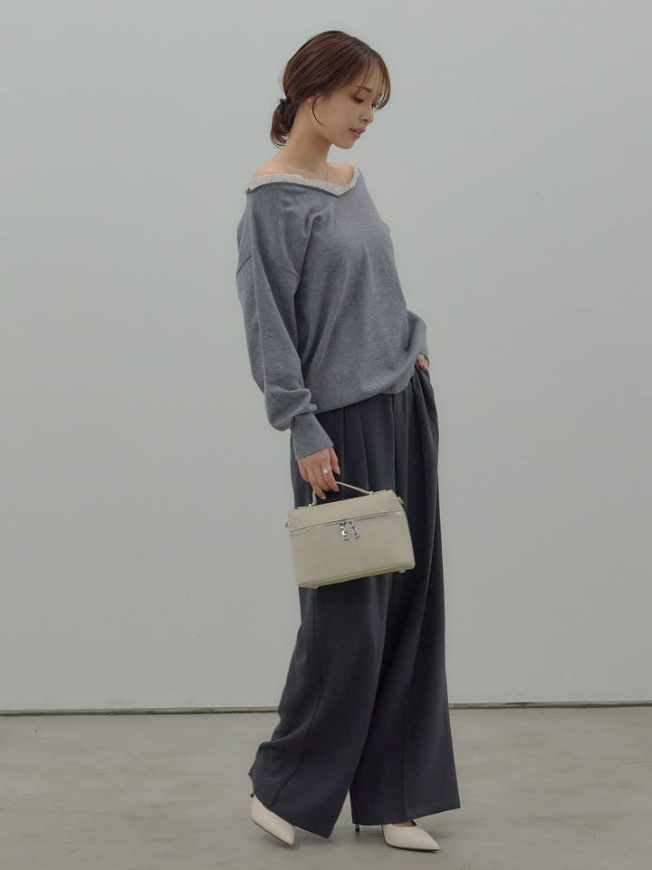 【SET】異素材コンビオフショルプルオーバー+ハイウエストセンタープレスワイドパンツ(2set)