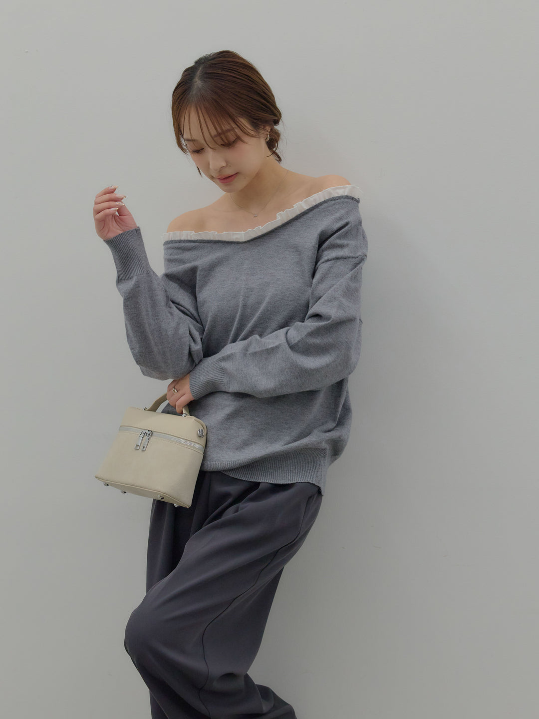 異素材コンビオフショルプルオーバー