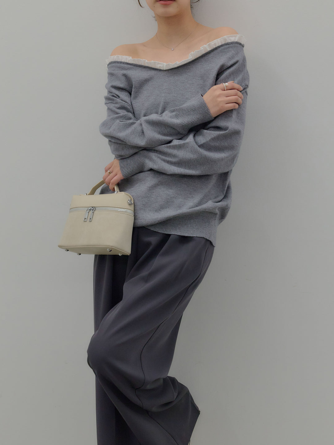 異素材コンビオフショルプルオーバー