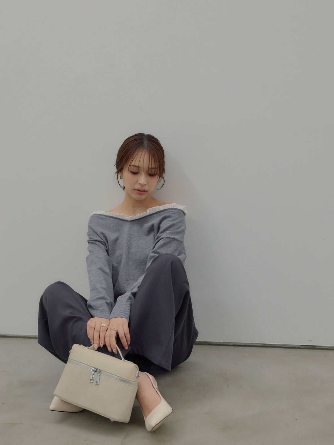 異素材コンビオフショルプルオーバー