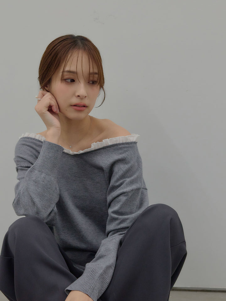 異素材コンビオフショルプルオーバー