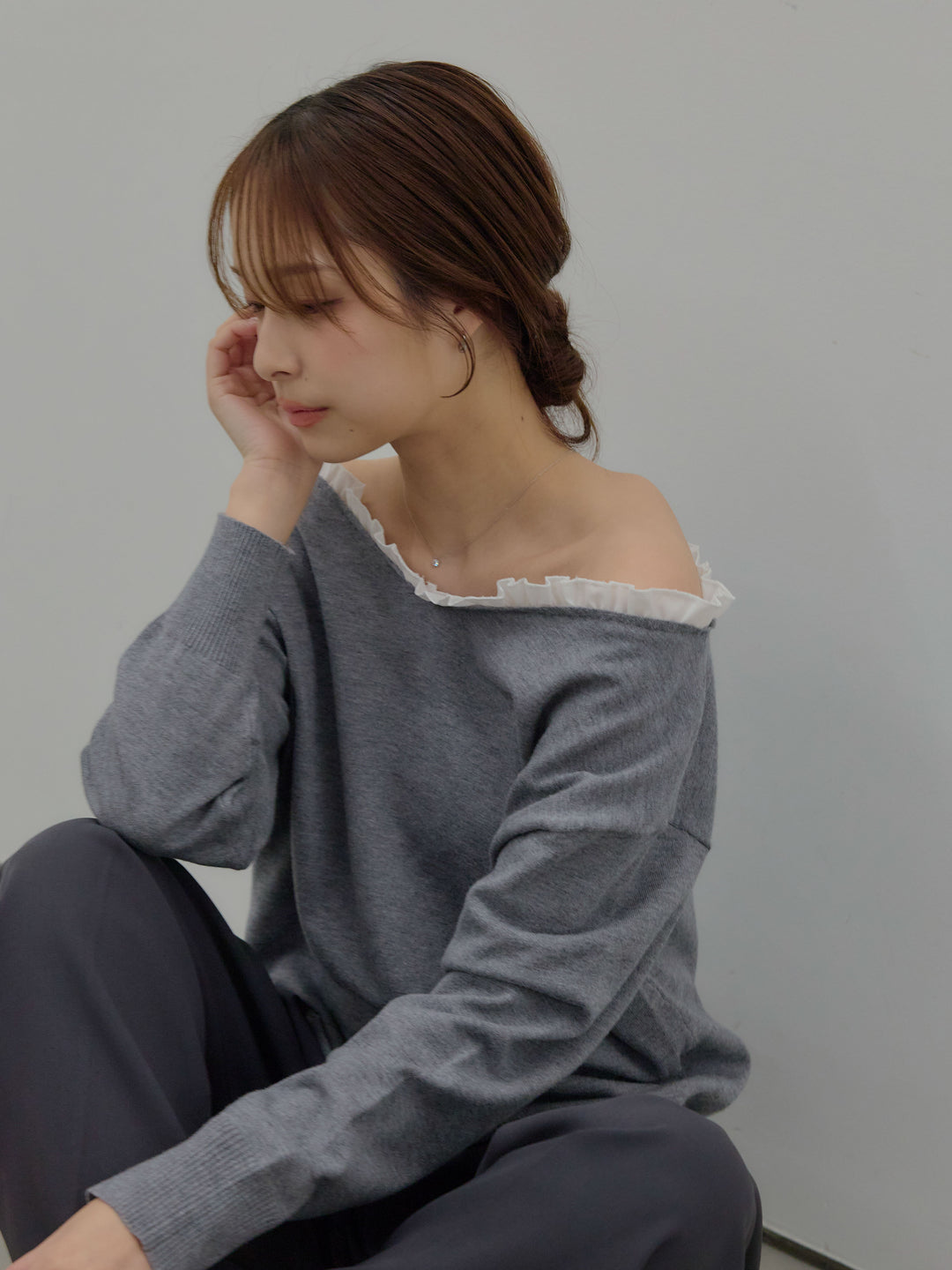 異素材コンビオフショルプルオーバー