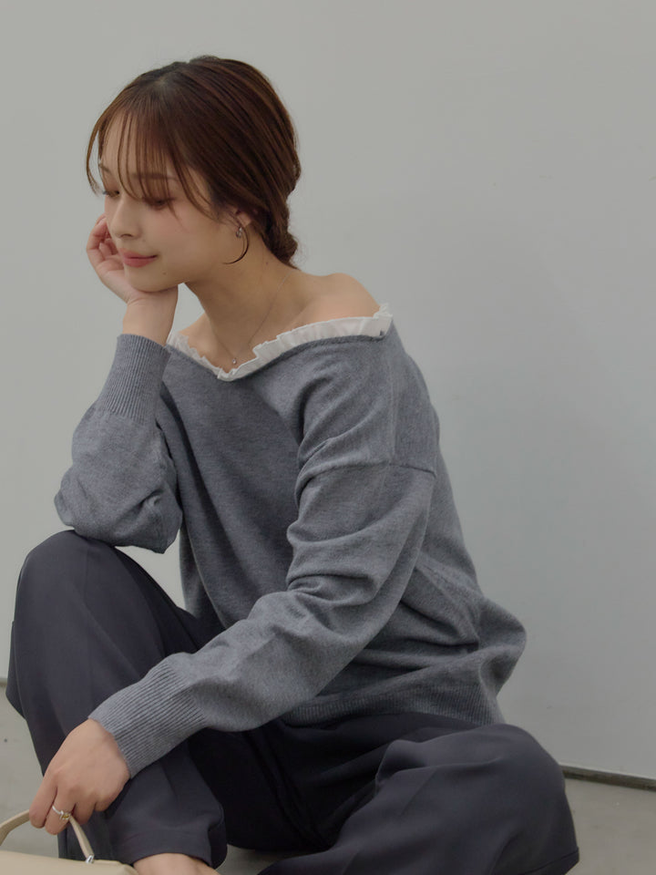 異素材コンビオフショルプルオーバー