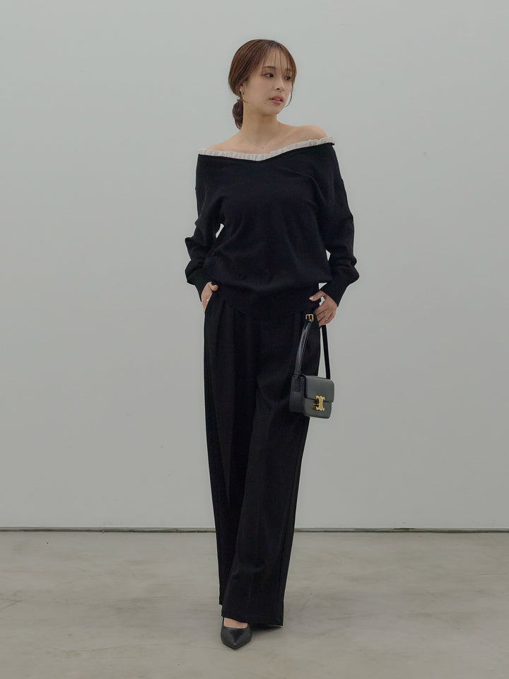 異素材コンビオフショルプルオーバー