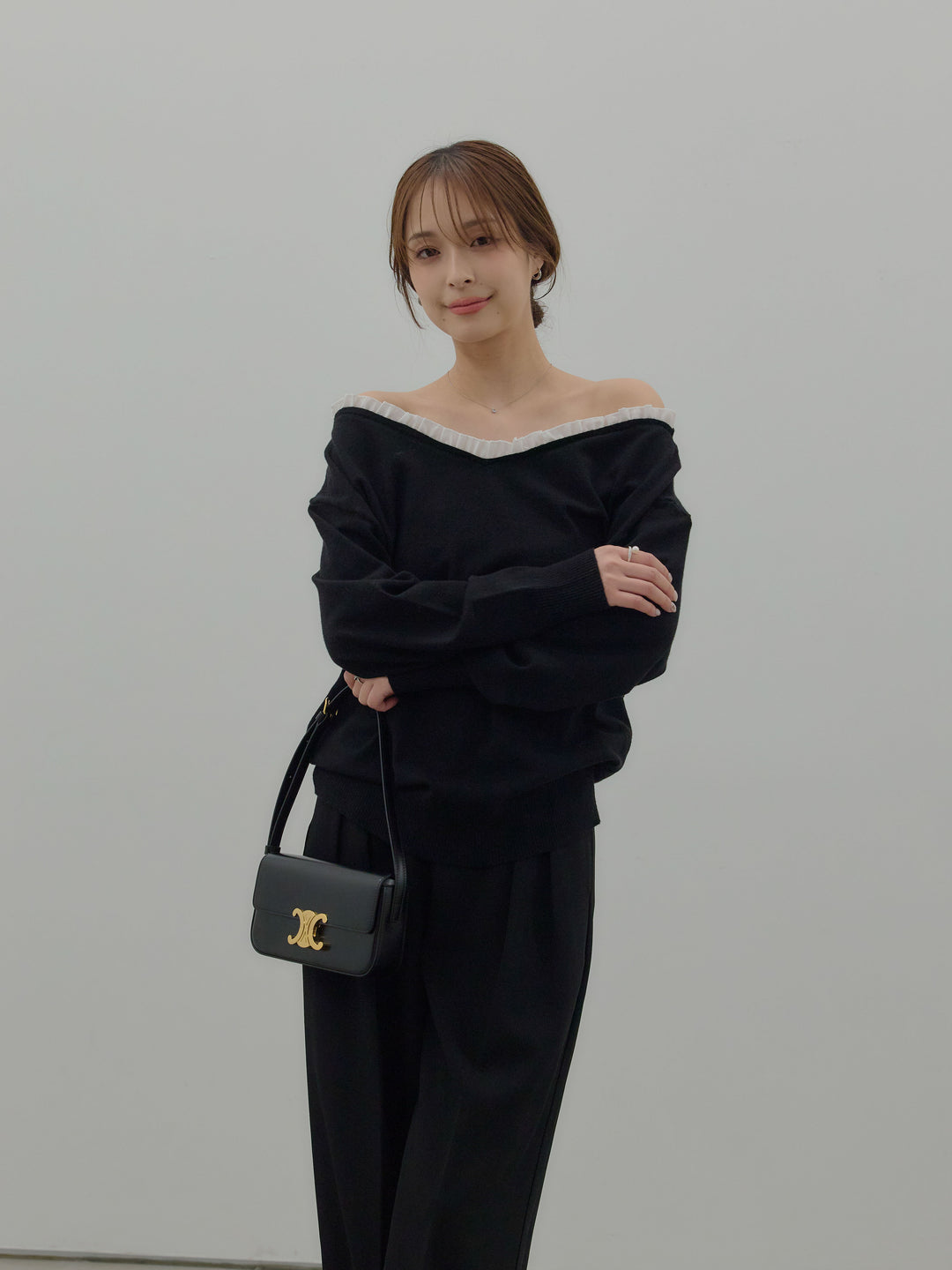 異素材コンビオフショルプルオーバー