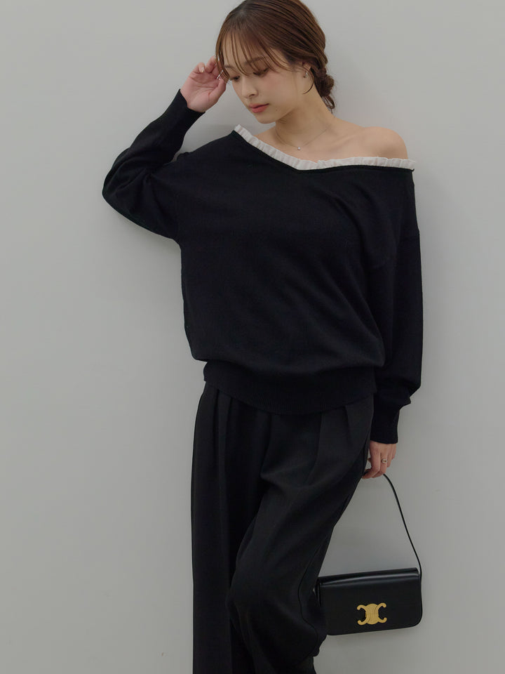 異素材コンビオフショルプルオーバー