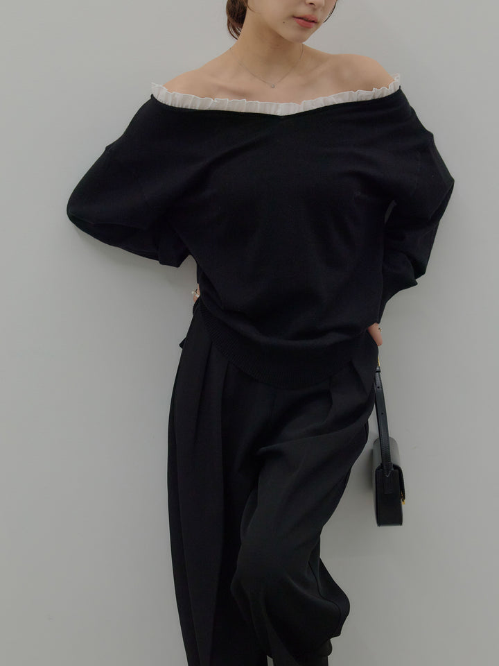 異素材コンビオフショルプルオーバー