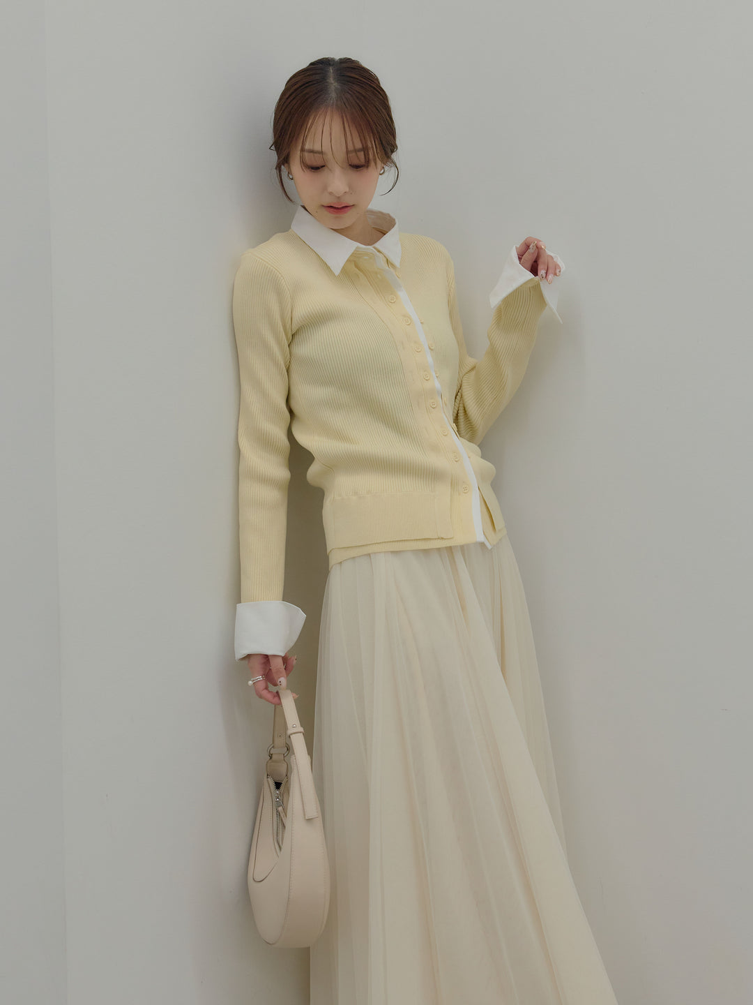 【SET】襟付きレイヤードデザインカーディガン+ボリュームチュールスカート(2set)