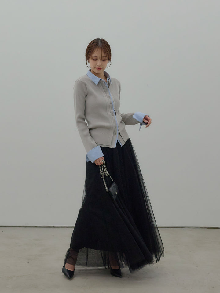 【SET】襟付きレイヤードデザインカーディガン+ボリュームチュールスカート(2set)