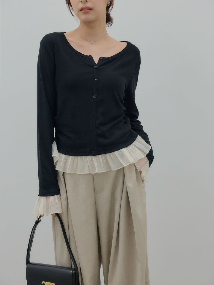 裾フリルヘンリーネックカットソー