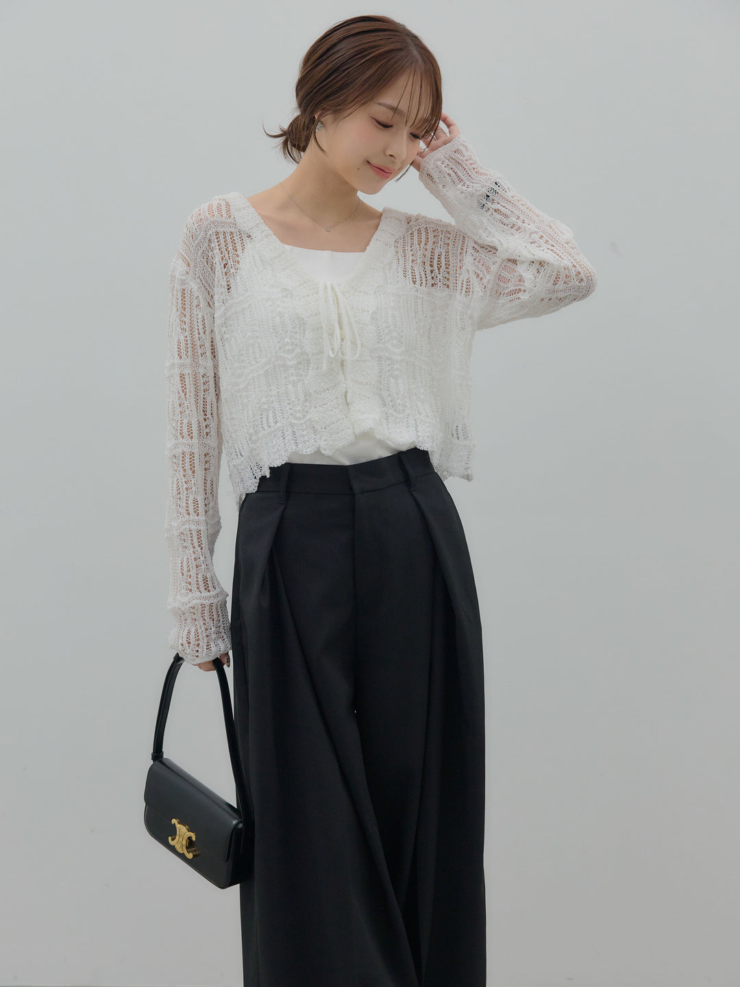 【SET】透かし編みフロントリボンカーディガン+フロントタックツイルパンツ(2set)