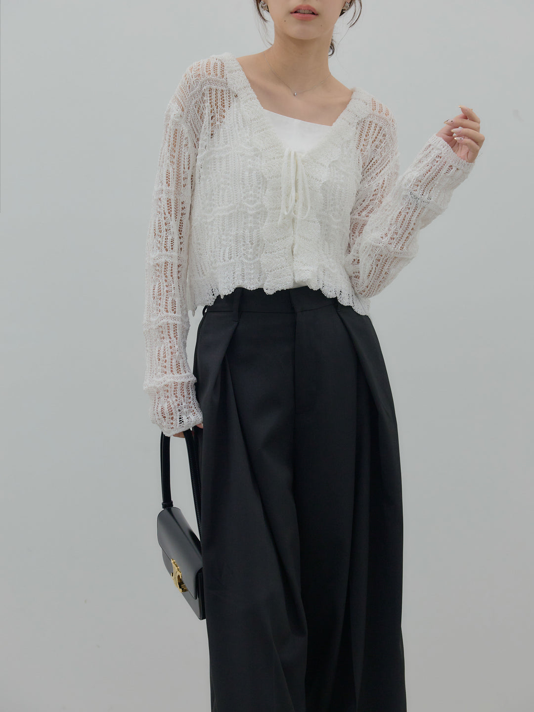 透かし編みフロントリボンカーディガン