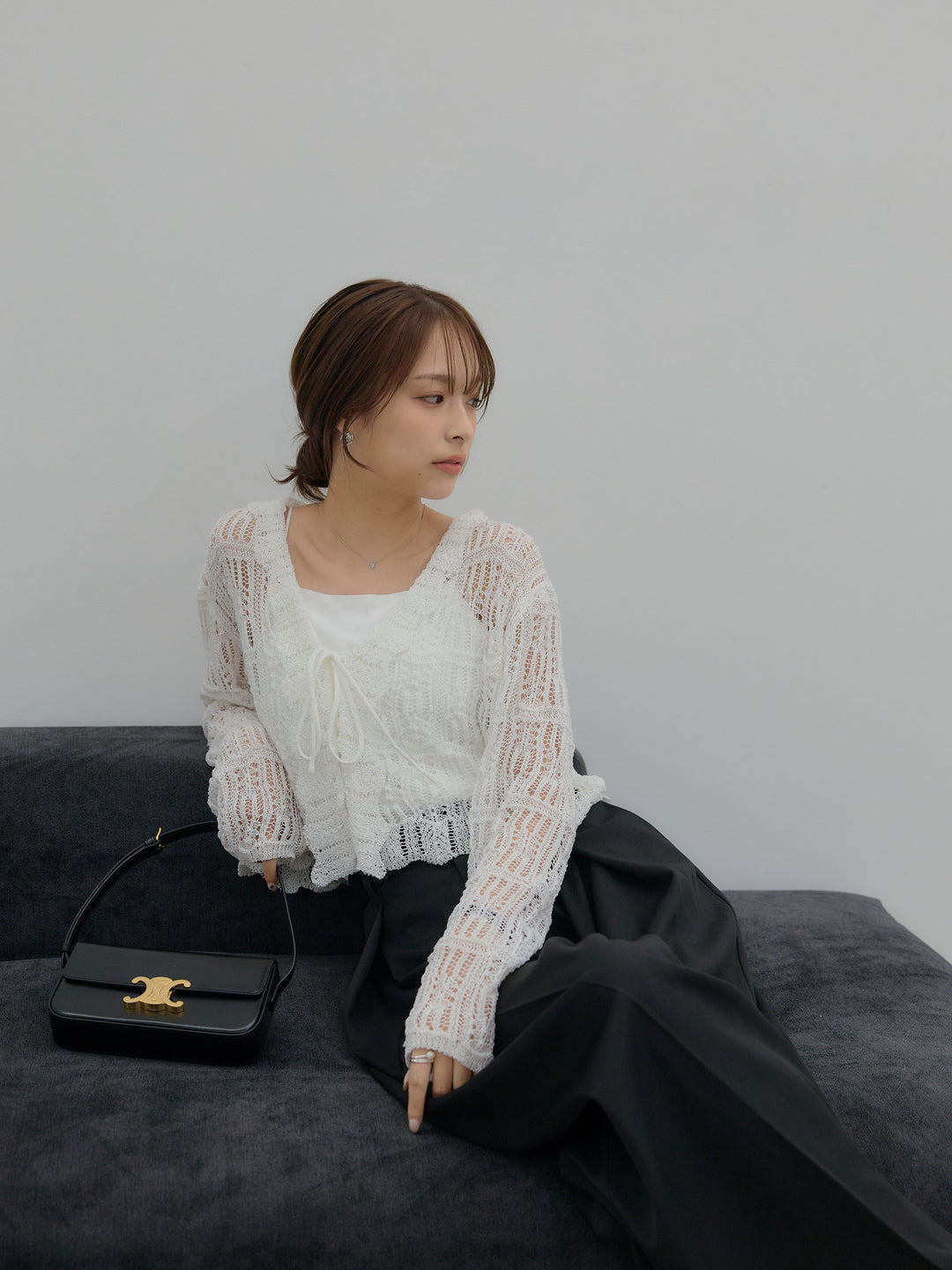 【SET】透かし編みフロントリボンカーディガン+フロントタックツイルパンツ(2set)