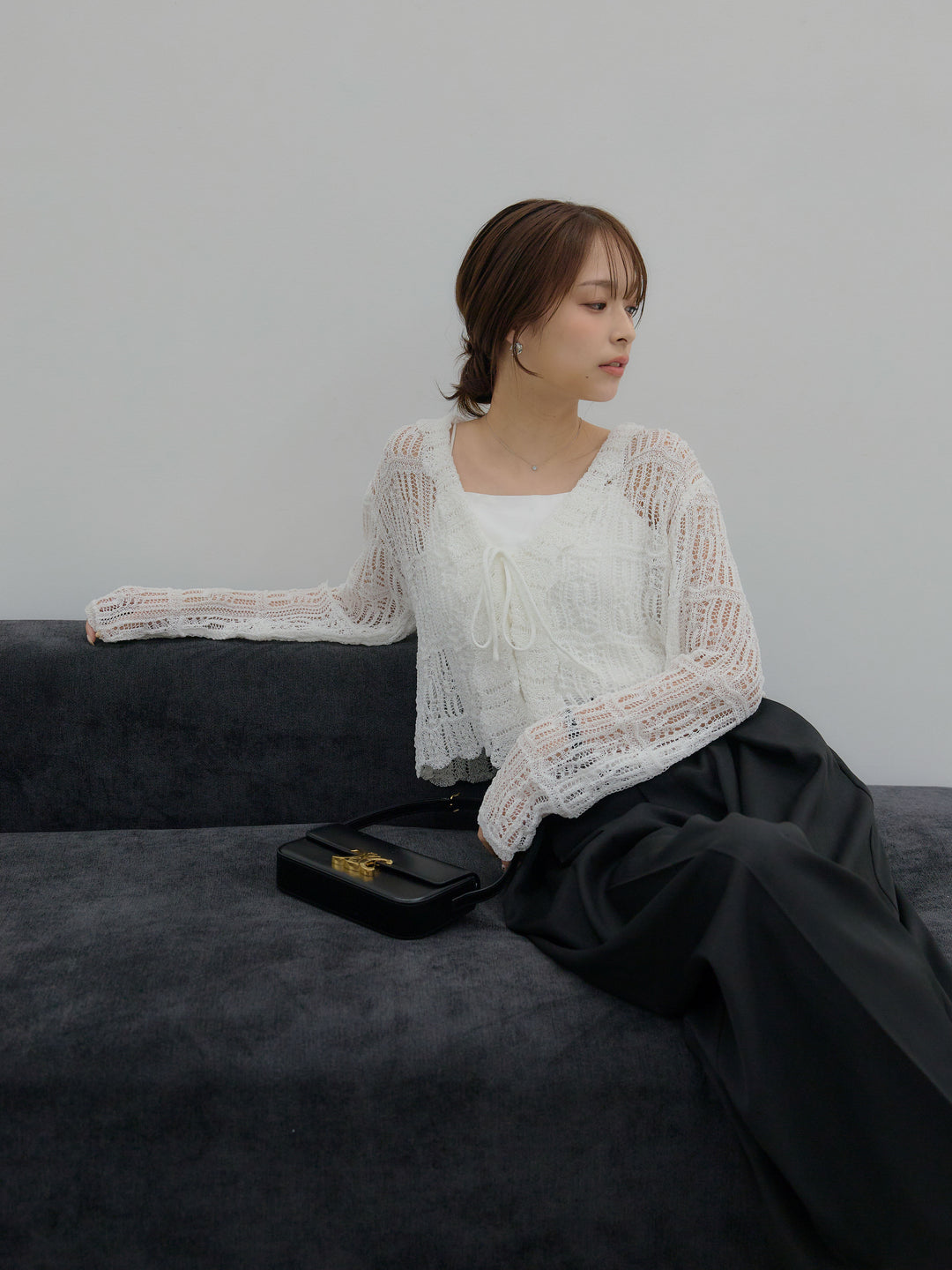 透かし編みフロントリボンカーディガン