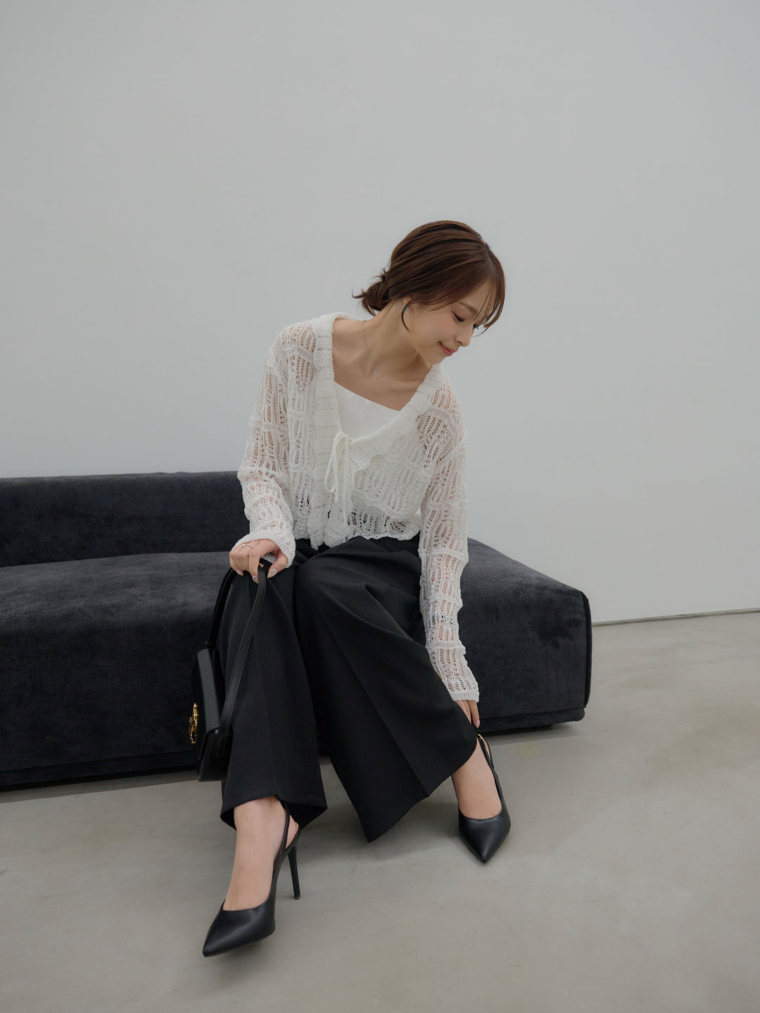 【SET】透かし編みフロントリボンカーディガン+フロントタックツイルパンツ(2set)