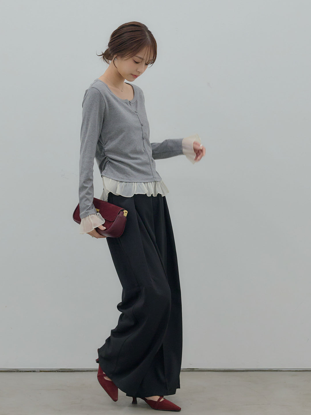 【SET】裾フリルヘンリーネックカットソー+フロントタックツイルパンツ(2set)