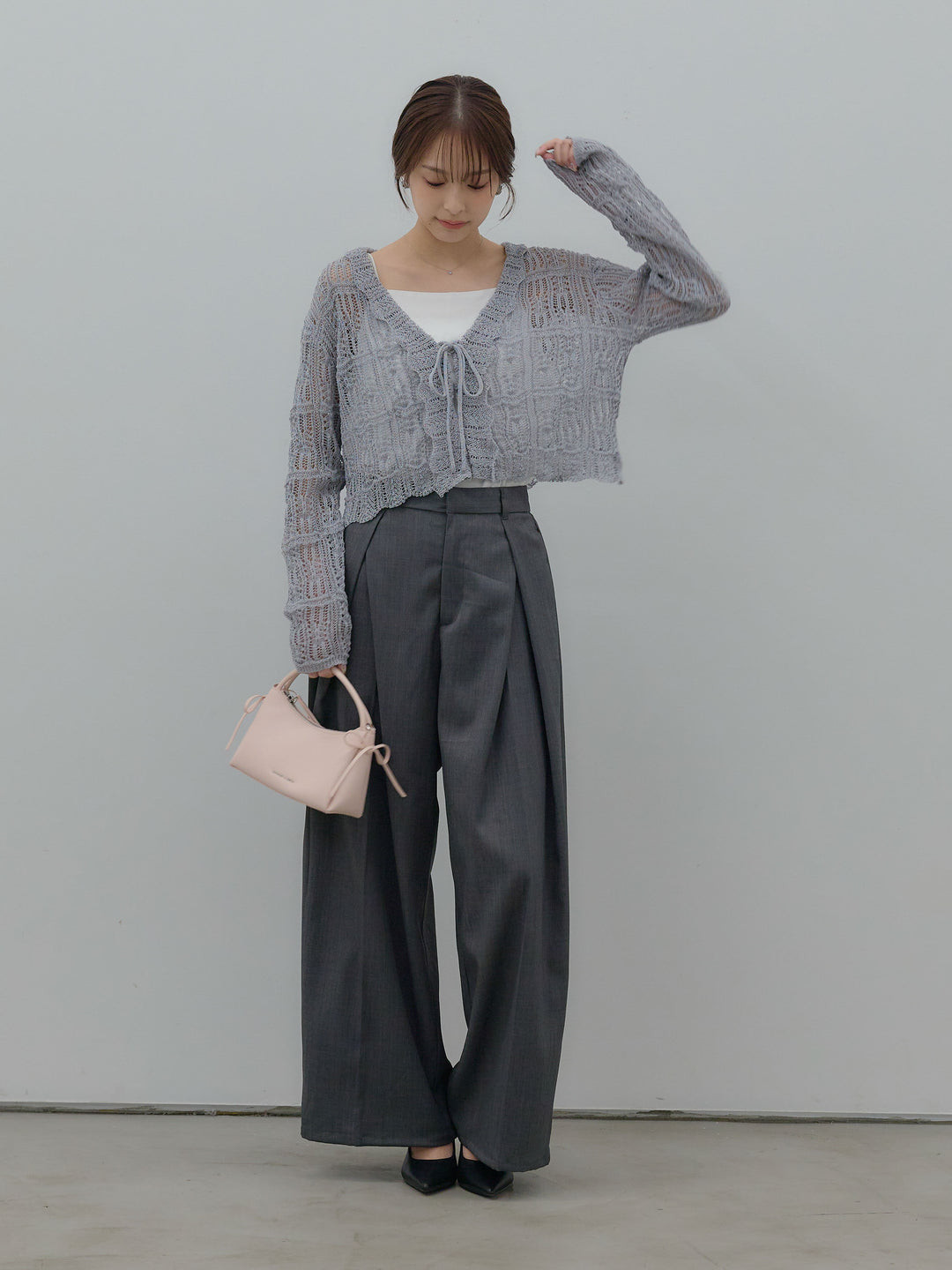 【SET】透かし編みフロントリボンカーディガン+フロントタックツイルパンツ(2set)