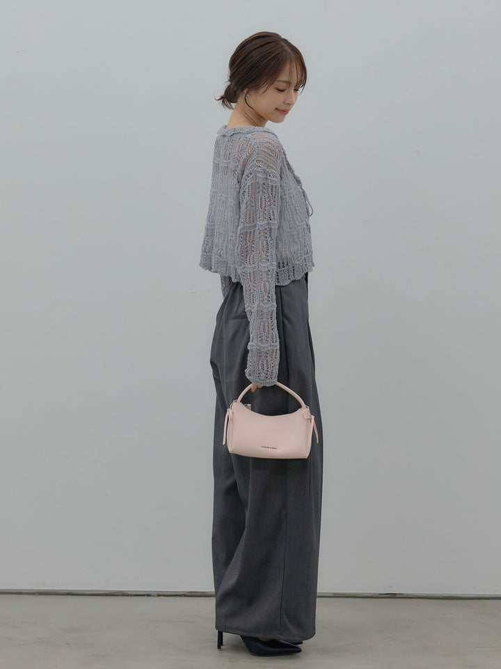 【SET】透かし編みフロントリボンカーディガン+フロントタックツイルパンツ(2set)