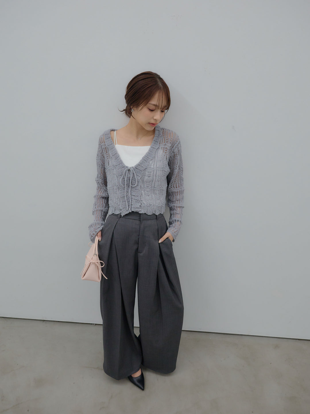 【SET】透かし編みフロントリボンカーディガン+フロントタックツイルパンツ(2set)