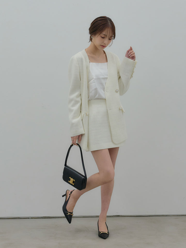 【SET】【Essential】ノーカラーツイードジャケット+【Essential】ツイードミニスカート(2set)