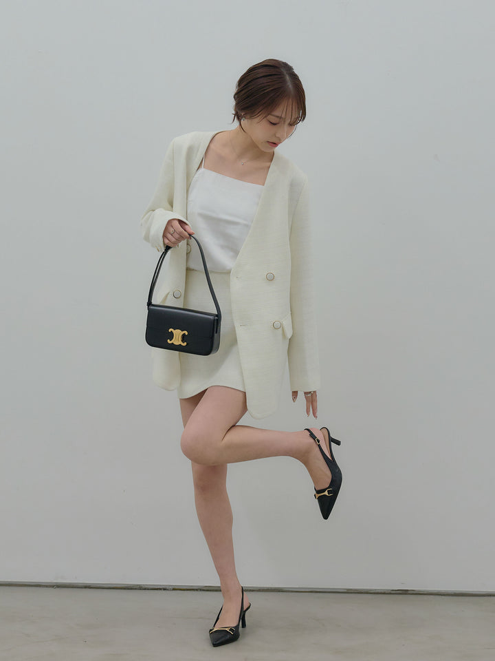 【SET】【Essential】ノーカラーツイードジャケット+【Essential】ツイードミニスカート(2set)