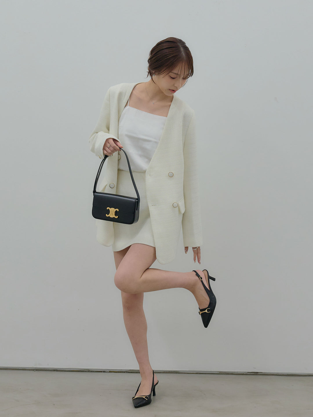 【Essential】ノーカラーツイードジャケット