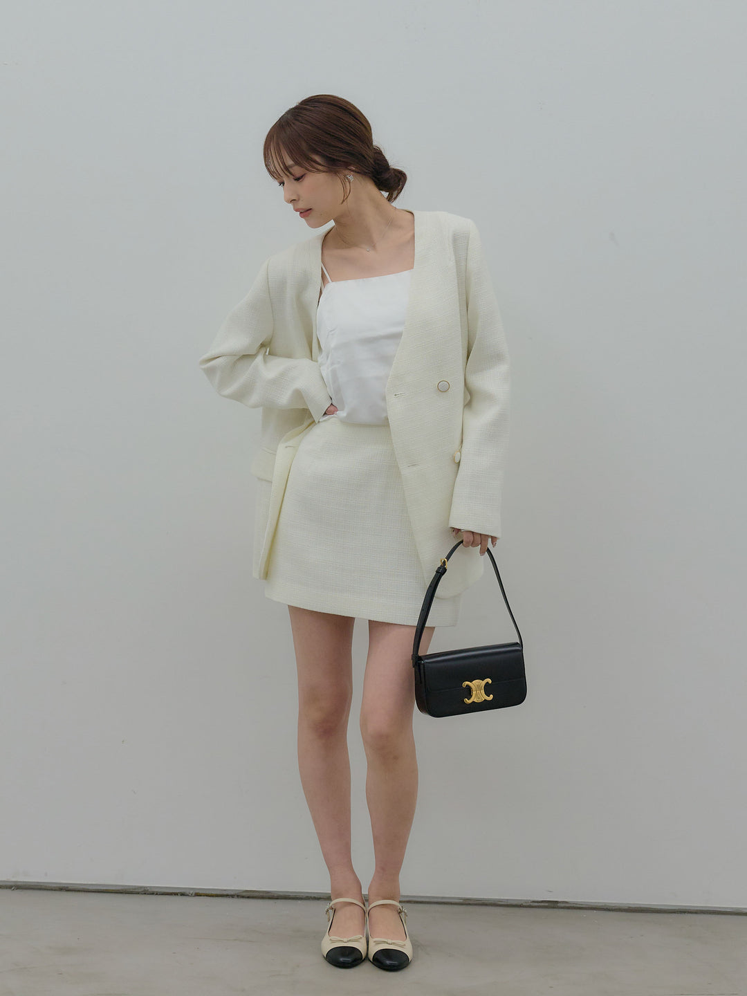 【Essential】ノーカラーツイードジャケット