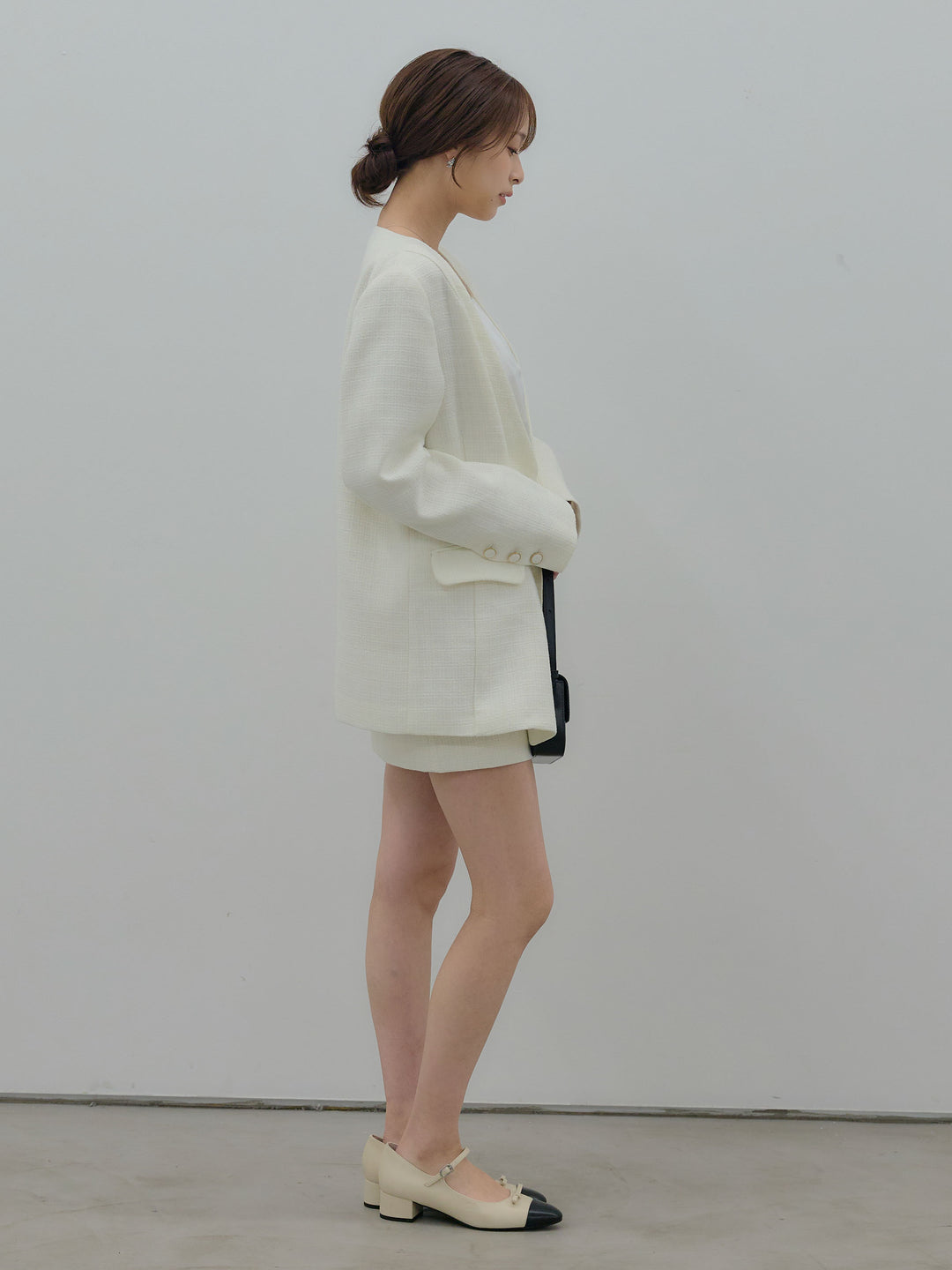 【SET】【Essential】ノーカラーツイードジャケット+【Essential】ツイードミニスカート(2set)