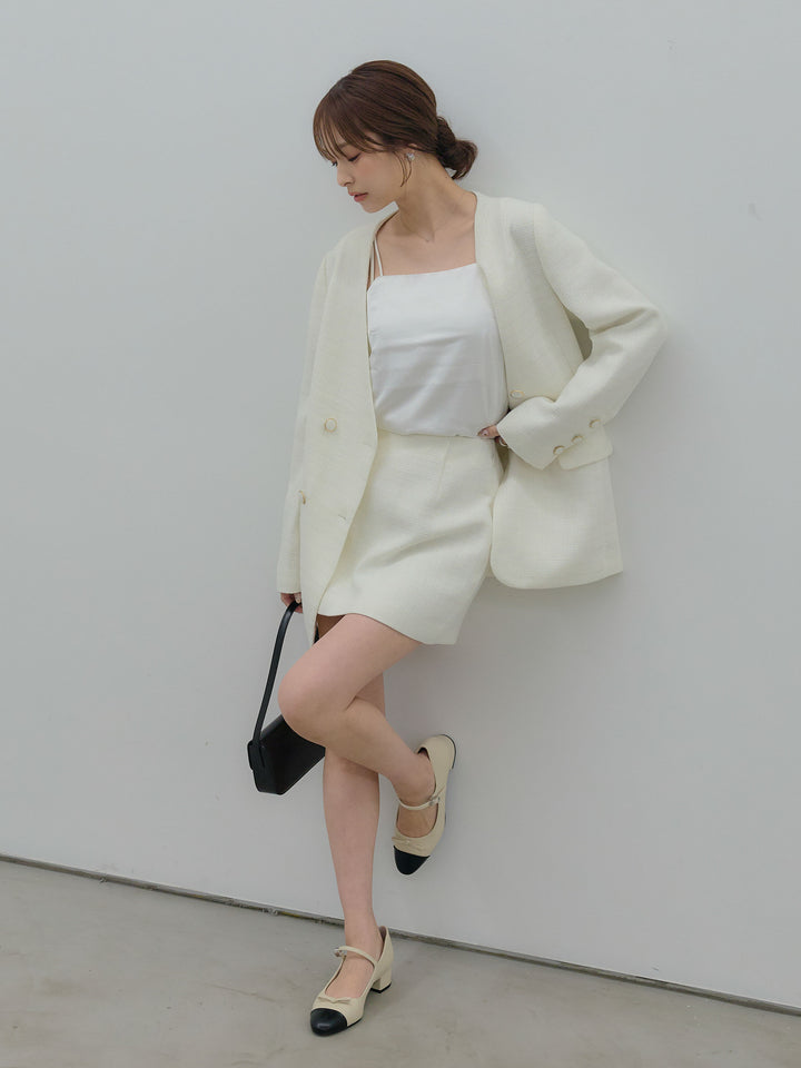 【SET】【Essential】ノーカラーツイードジャケット+【Essential】ツイードミニスカート(2set)