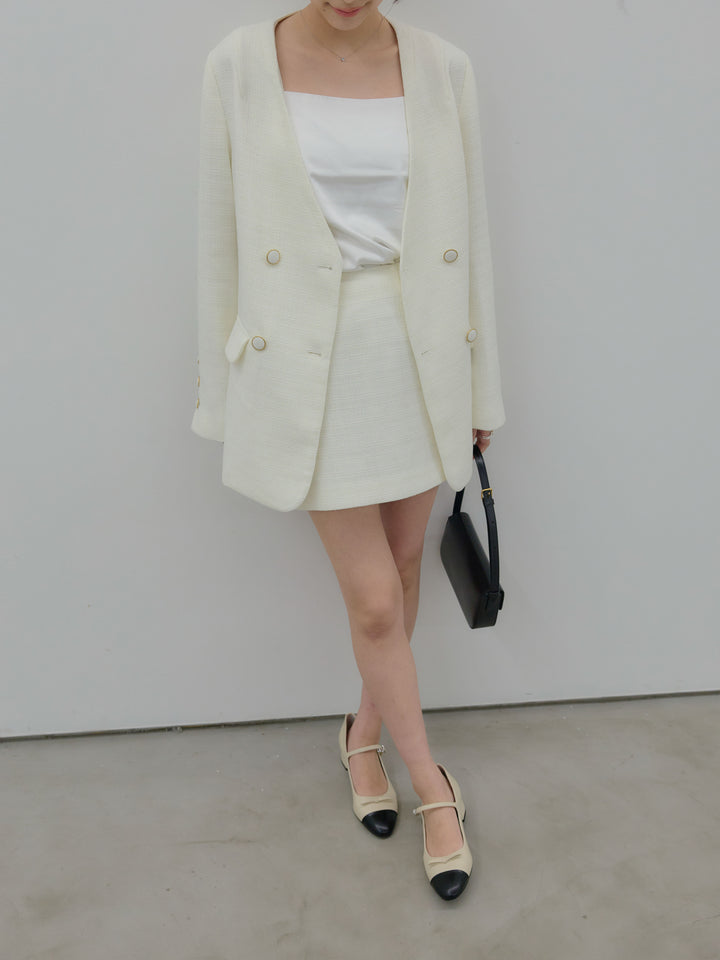 【Essential】ノーカラーツイードジャケット