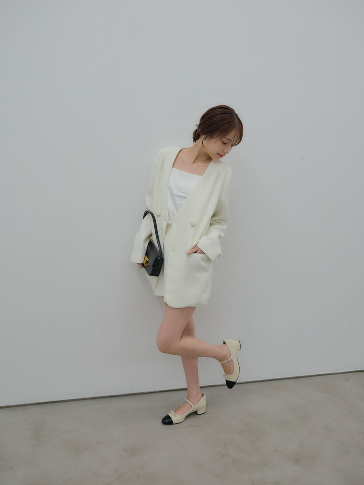 【SET】【Essential】ノーカラーツイードジャケット+【Essential】ツイードミニスカート(2set)