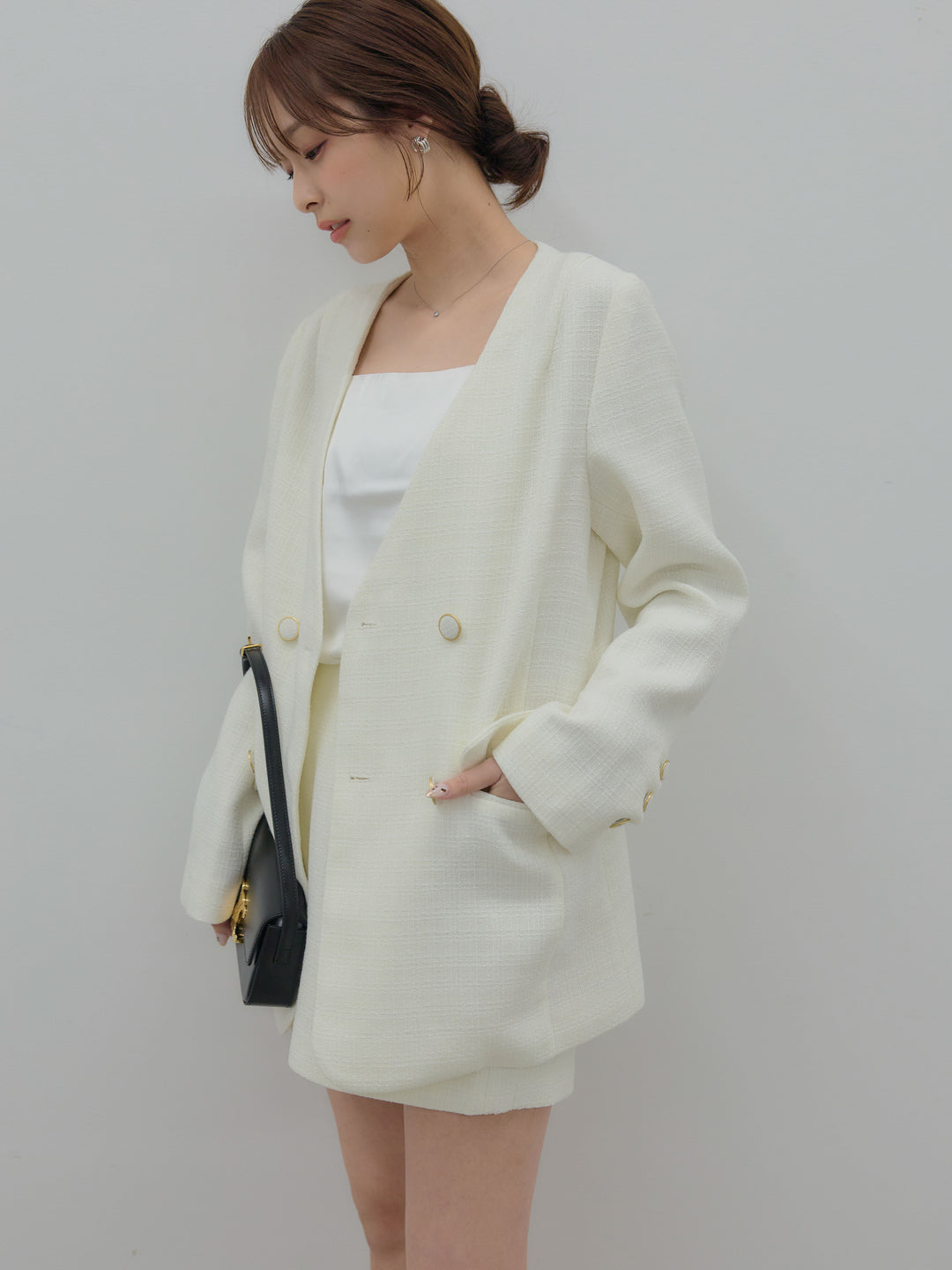 【Essential】ノーカラーツイードジャケット