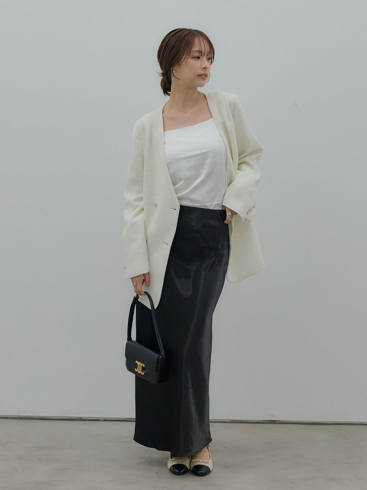 【SET】【Essential】ノーカラーツイードジャケット+リュクスAラインサテンスカート(2set)