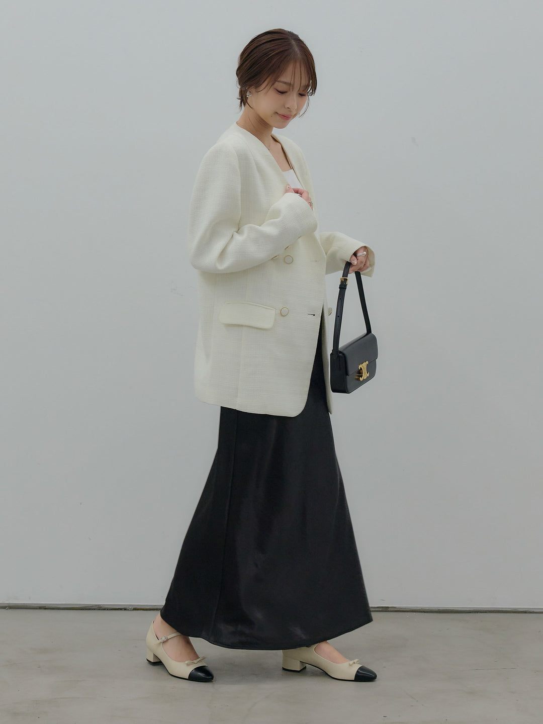 【Essential】ノーカラーツイードジャケット