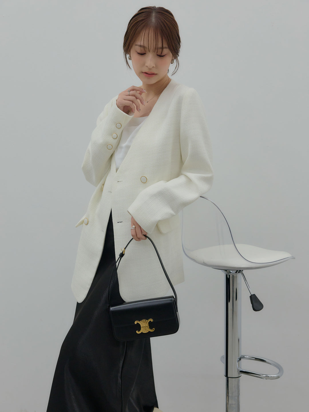 【Essential】ノーカラーツイードジャケット