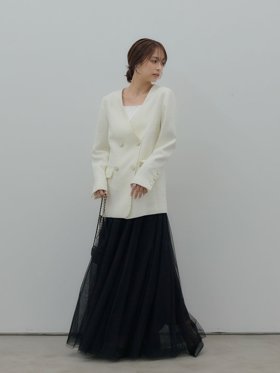 【SET】【Essential】ノーカラーツイードジャケット+ボリュームチュールスカート(2set)