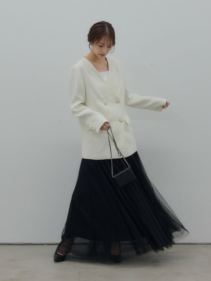 【SET】【Essential】ノーカラーツイードジャケット+ボリュームチュールスカート(2set)