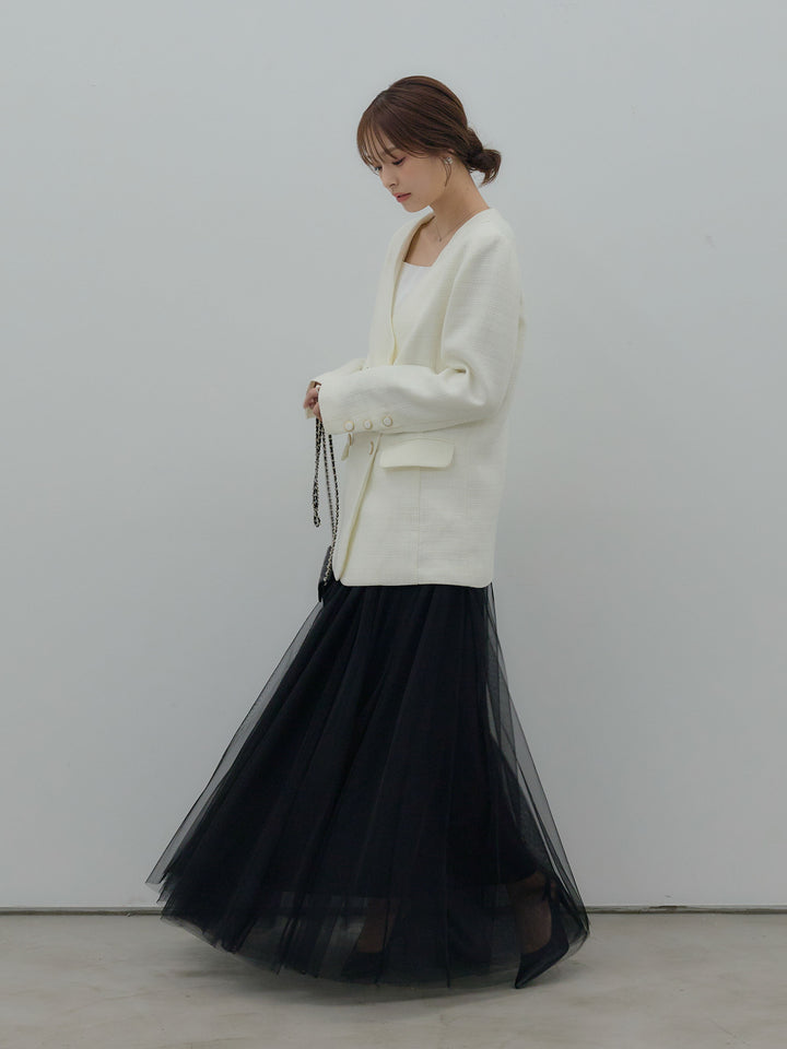 【SET】【Essential】ノーカラーツイードジャケット+ボリュームチュールスカート(2set)