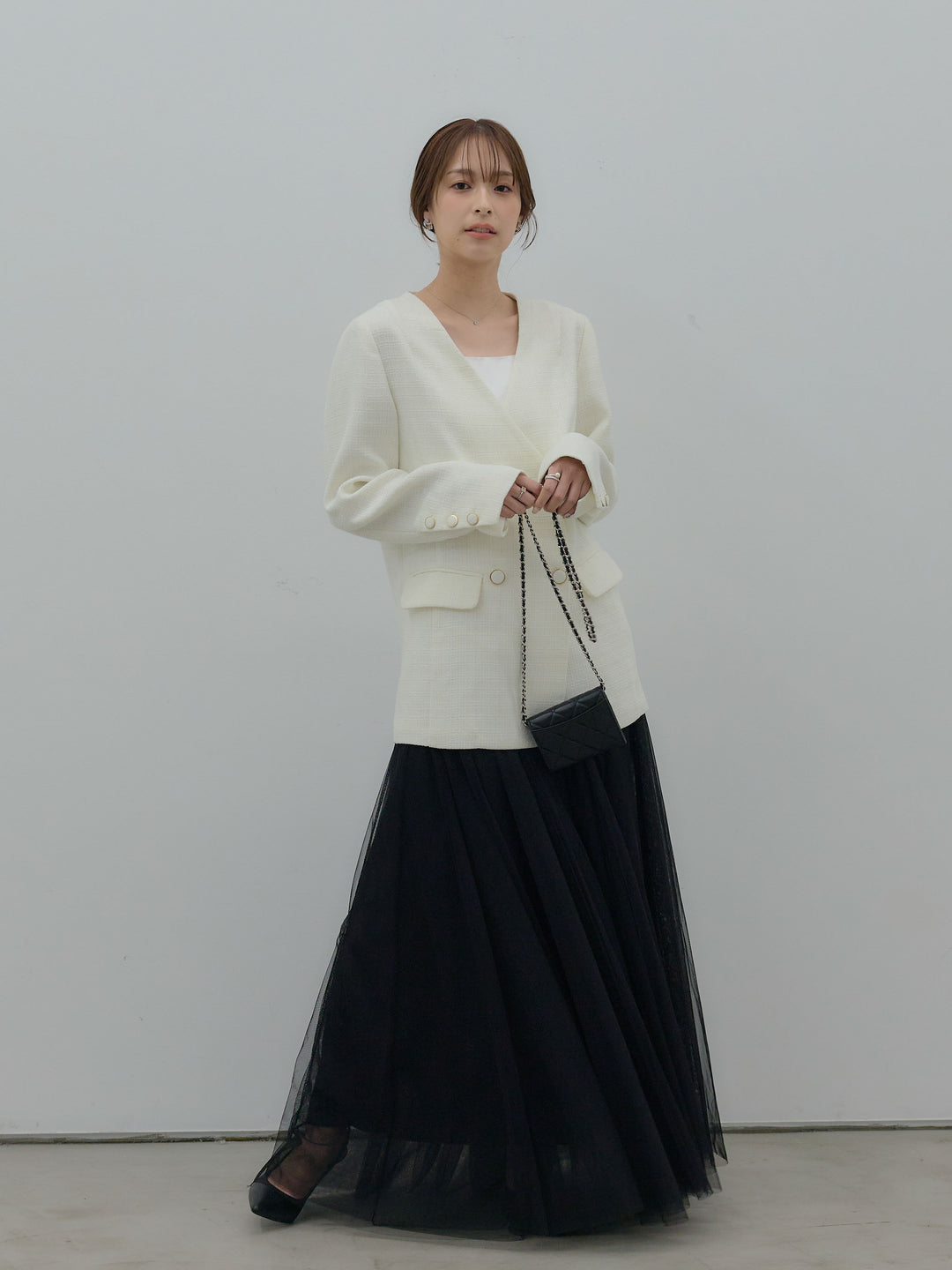 【Essential】ノーカラーツイードジャケット