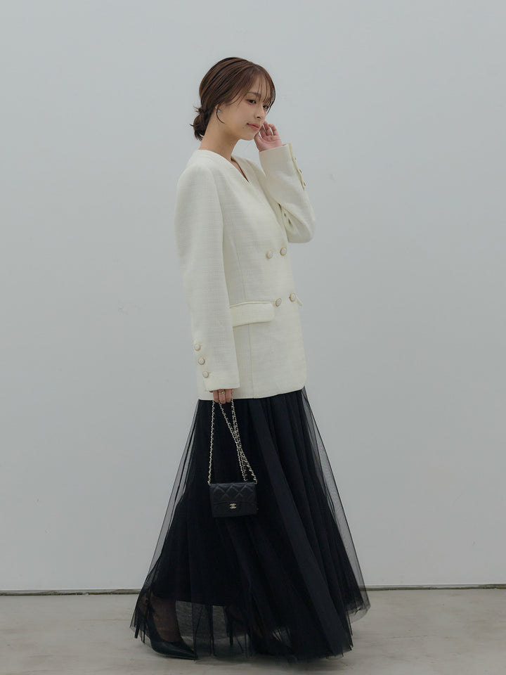 【SET】【Essential】ノーカラーツイードジャケット+ボリュームチュールスカート(2set)