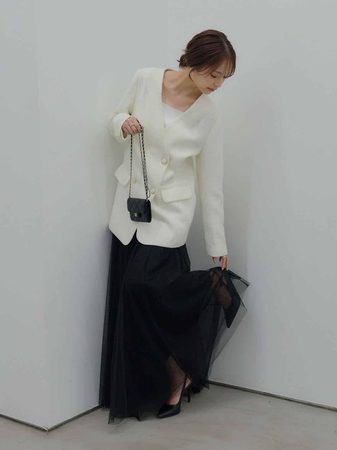 【SET】【Essential】ノーカラーツイードジャケット+ボリュームチュールスカート(2set)